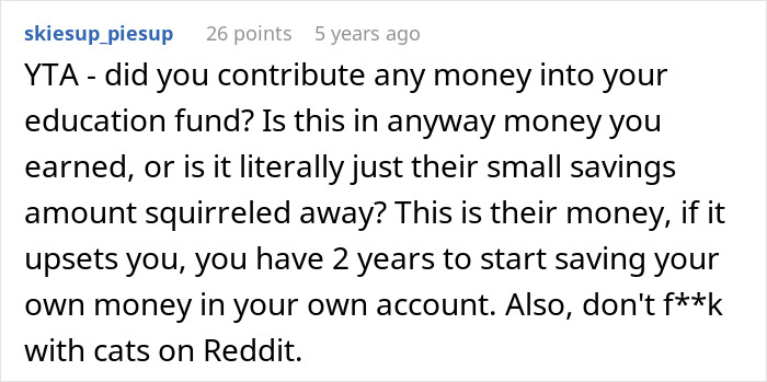 Screenshot of a Reddit comment discussing parents using a teen's college fund for cat surgery and the teen&rsquo;s refusal.