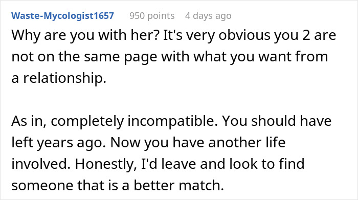 Comment discussing relationship incompatibility and advice to leave, highlighting pregnant girlfriend refusing to move together.