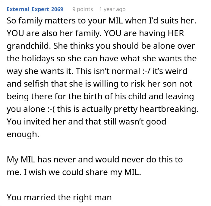Screenshot of a Reddit comment discussing an entitled MIL being selfish and possessive over her son choosing wife and baby.