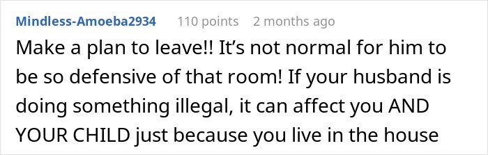 Screenshot of a Reddit comment warning about a husband acting defensive over a locked office, raising suspicion during pregnancy.