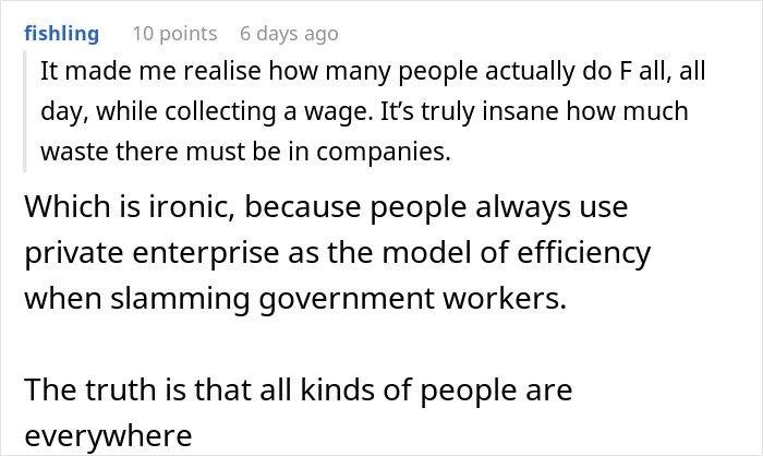 Text conversation about employee roles and inefficiency in companies, highlighting overworking and multiple job responsibilities.