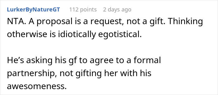 Screenshot of a comment explaining why a marriage proposal does not count as a Christmas gift and challenges that belief.