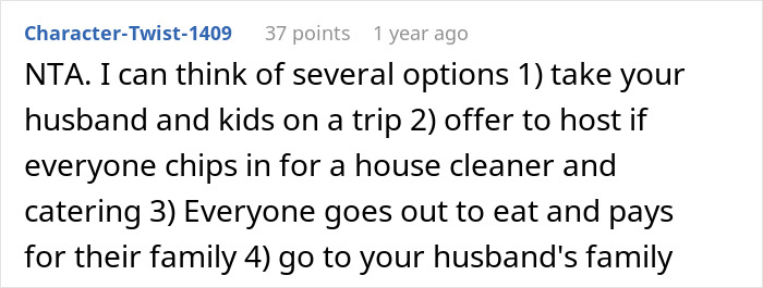 Screenshot of a Reddit comment suggesting options after a woman asks for a break from hosting a traditional family Thanksgiving.