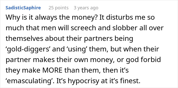 Comment discussing men&rsquo;s hypocrisy when partners achieve success, relating to a woman leaving the US for France.
