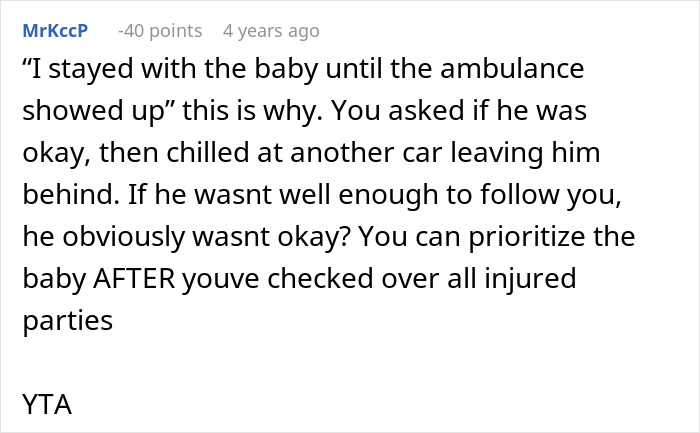 Comment discussing nurse girlfriend prioritizing dogs and a baby after a car crash causing upset to her partner.
