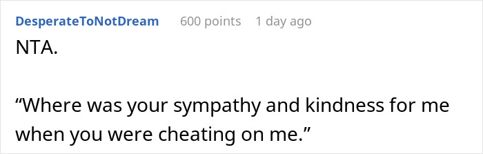 Screenshot of an online comment discussing a cheating husband furious at ex-wife over mistress infertility. Screenshot of an online comment discussing a cheating husband furious at ex-wife over mistress infertility.