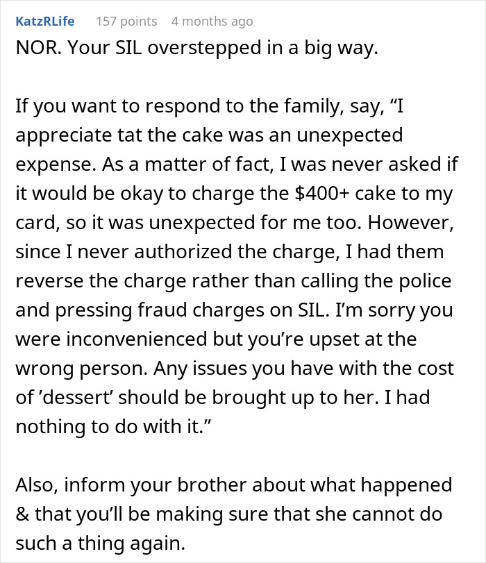 Screenshot of a Reddit comment discussing a rich man refusing to pay for a cake his sister-in-law ordered behind his back.