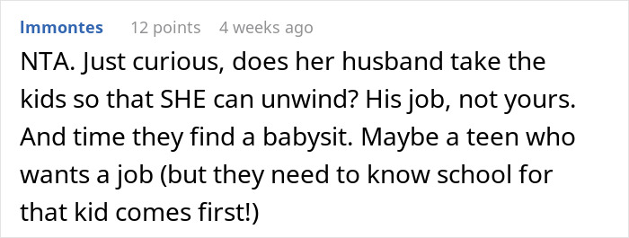 Comment discussing expectations of free babysitting and suggesting finding a teen babysitter prioritizing the child's schooling.