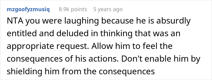 Screenshot of a Reddit comment about a teen breaking a new chair and asking dad for a replacement, discussing consequences.