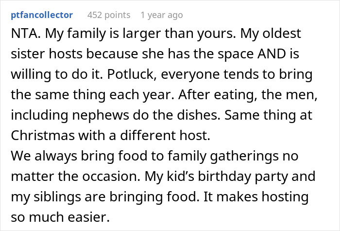 Screenshot of a Reddit comment discussing challenges when a woman asks for a break in hosting a traditional family Thanksgiving.