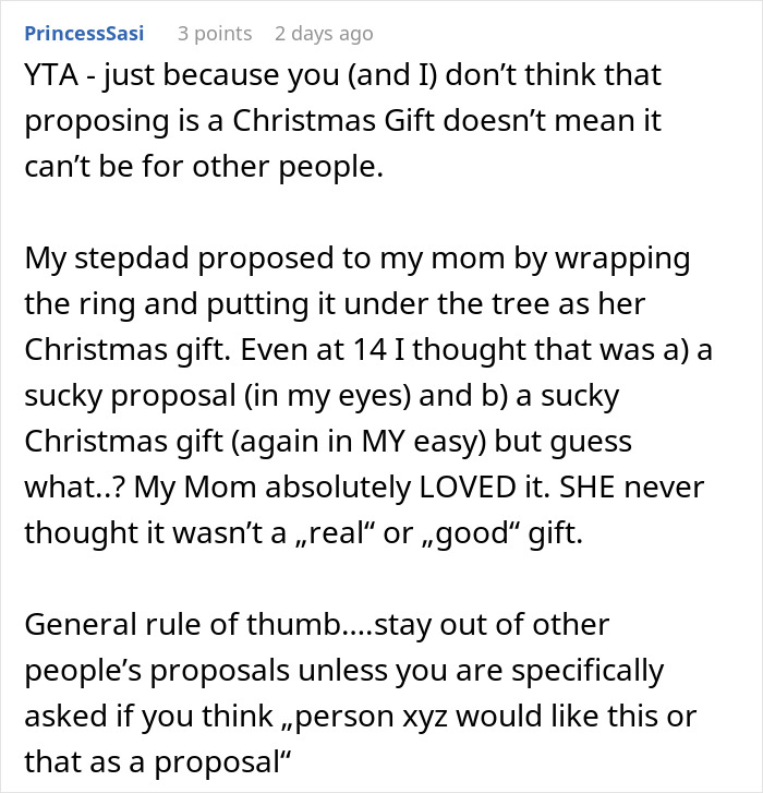 Comment discussing how a man thinks his proposal counts as a Christmas gift and receives a reality check.