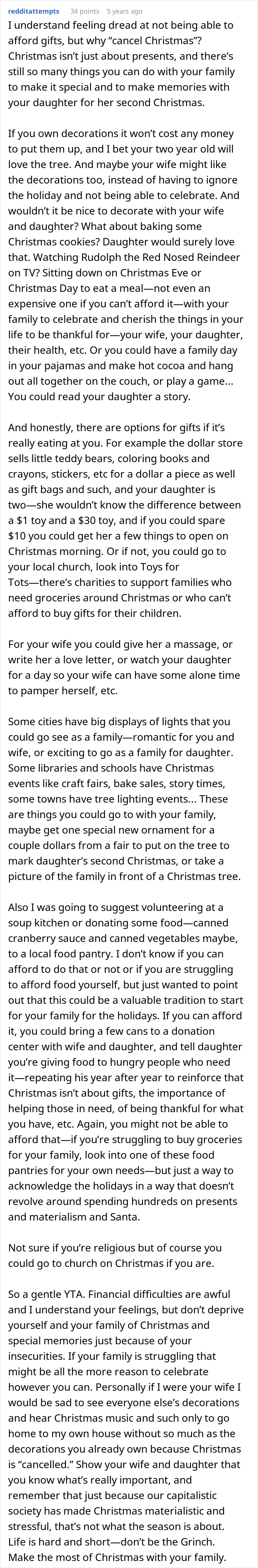 Father struggling to afford Christmas considers canceling it, worrying his family won&rsquo;t remember or care about gifts.