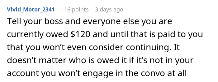 Text post from a user explaining money owed on Venmo and refusing to engage until payment is made.