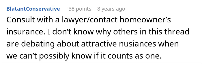 Screenshot of an online comment discussing legal advice about kids using neighbor&rsquo;s yard without asking and related liability issues.