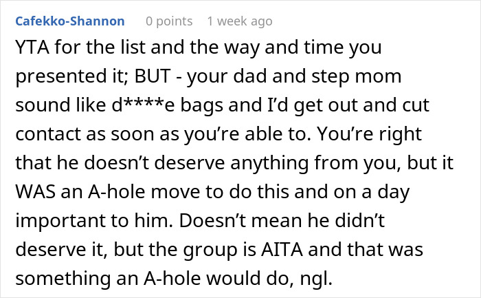 Teen giving father a reality check on his 50th birthday, opening his eyes to a new perspective.