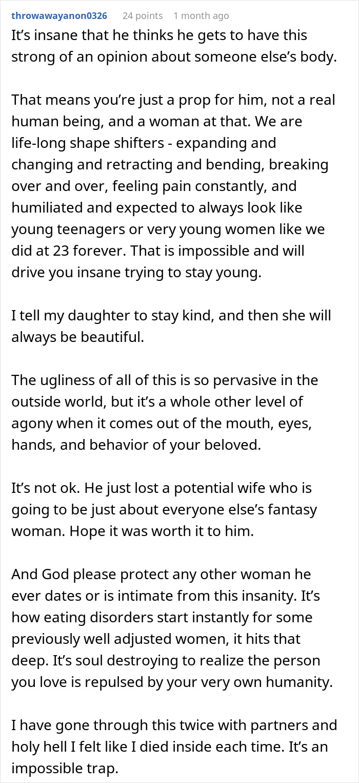 Reddit comment discussing emotional impact of man requiring girlfriend to return to previous weight from six years ago. Reddit comment discussing emotional impact of man requiring girlfriend to return to previous weight from six years ago.
