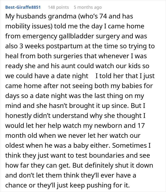 Mom explains why she won&rsquo;t leave baby alone with mom or mother-in-law due to discomfort and boundary concerns.