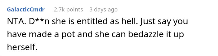 Reddit comment discussing MIL offering to make morning coffee for DIL, ignoring instructions after fancy recipe demand.