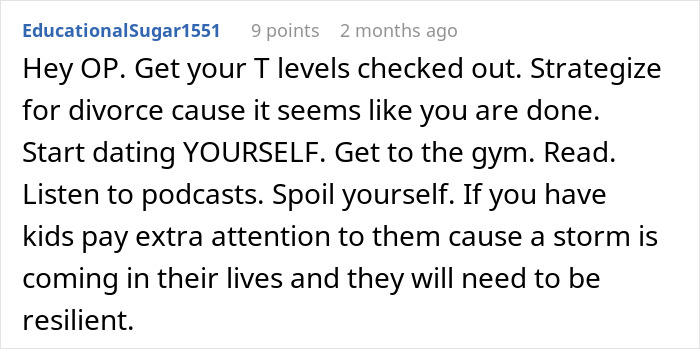 Comment advising to check T levels and focus on self-care and resilience after husband refuses intimacy for years