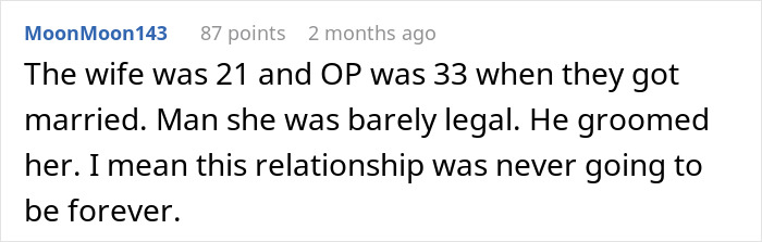 Screenshot of an online comment discussing a husband refusing intimacy for years and the wife finding someone younger.