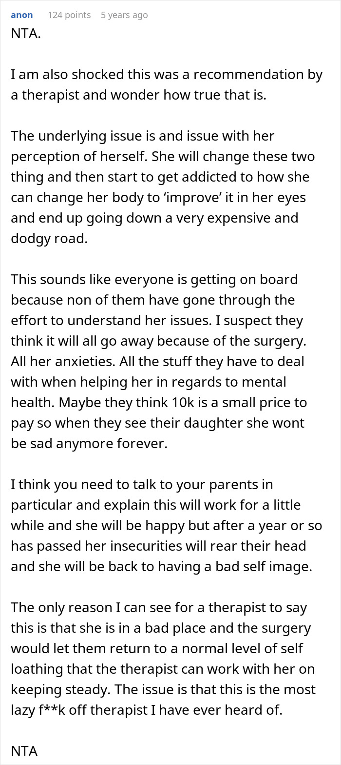 Screenshot of a Reddit comment discussing body dysmorphia, plastic surgery costs, and mental health concerns.