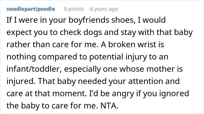 Comment discussing a guy upset his nurse girlfriend prioritized dogs and a baby after a car crash.