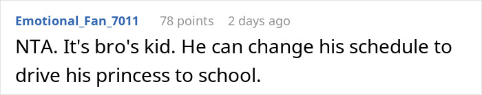 Screenshot of an online discussion where a user comments on a woman refusing to take her niece to school causing family tension.