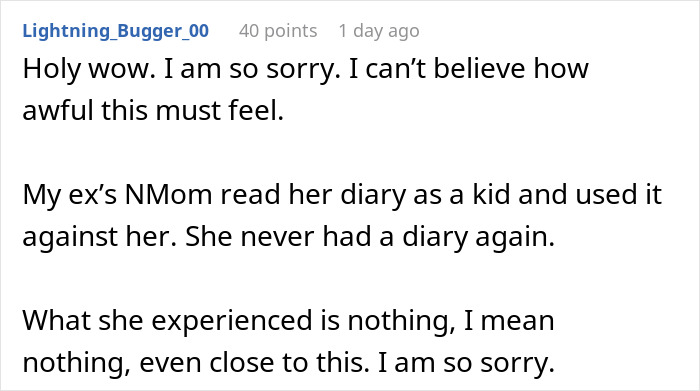 Screenshot of a comment expressing sympathy over a woman who can never trust mom again after spying on therapy sessions.