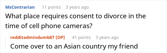 Screenshot of Reddit conversation about divorce consent with a man happy after ex-wife caught cheating reference.