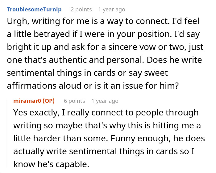 Online discussion about groom’s vows making wife cry and her mixed feelings after learning how he wrote them. Online discussion about groom’s vows making wife cry and her mixed feelings after learning how he wrote them.