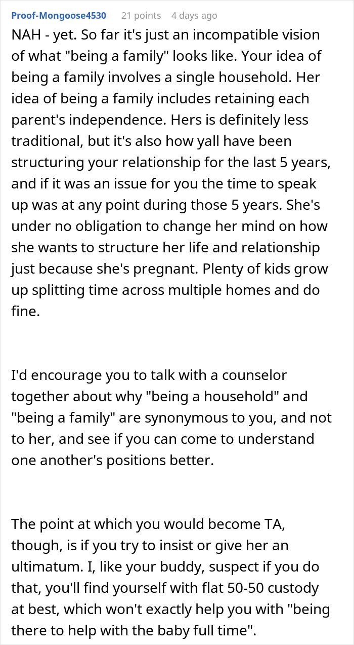 Pregnant girlfriend refusing to move together, expressing different family and household views in a tense discussion.