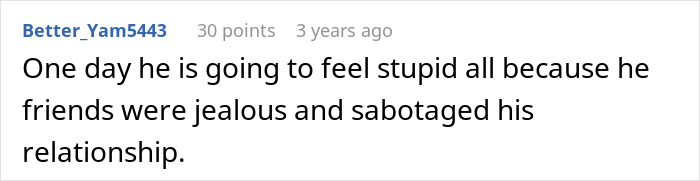 Screenshot of a forum comment discussing relationship jealousy and sabotage involving a woman leaving the US to start anew in France.