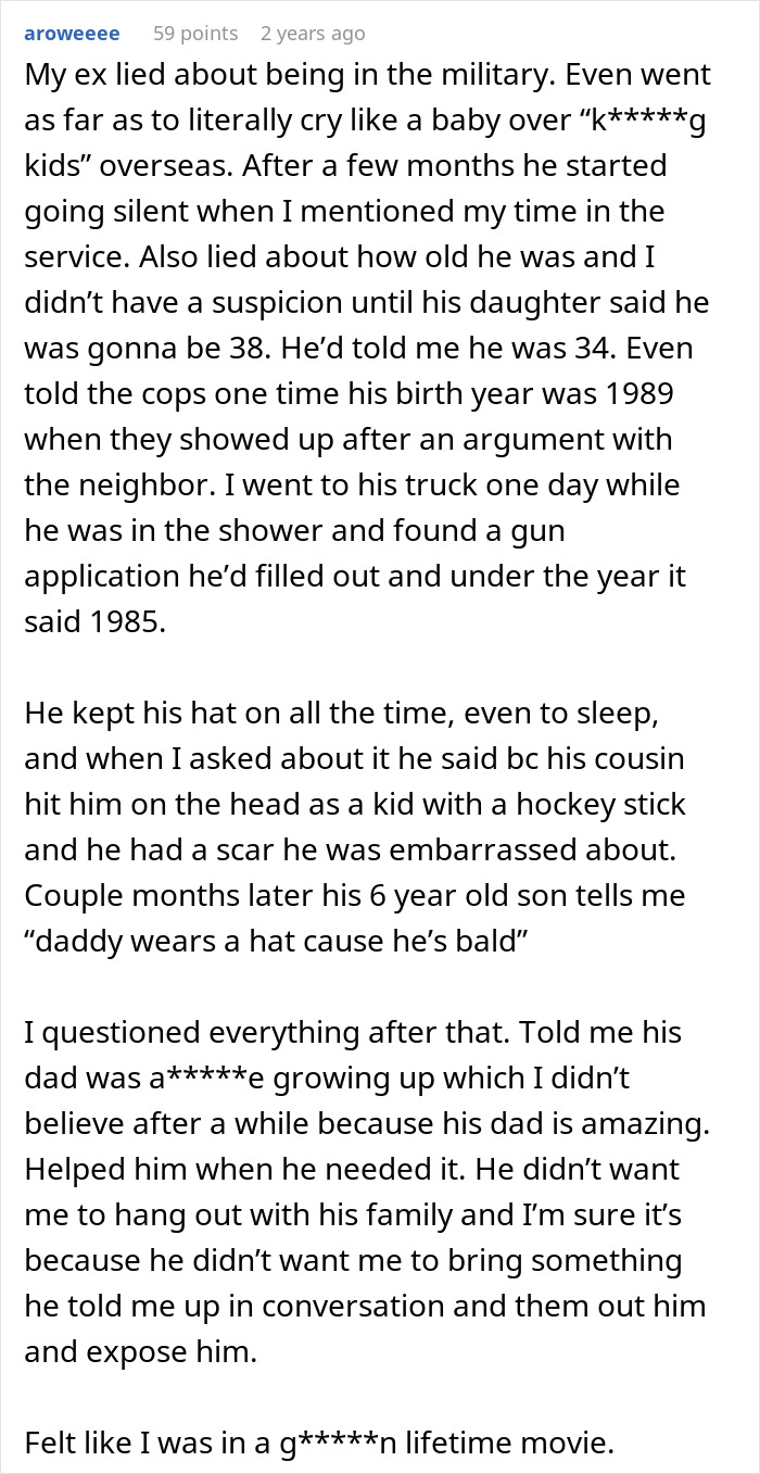 Screenshot of a Reddit post describing lies about military service, age, and deception uncovered by a partner.
