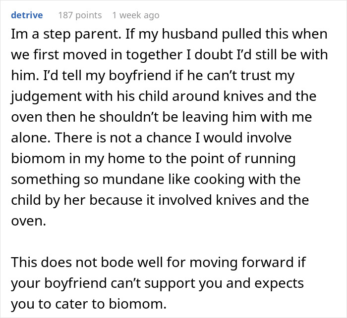 Comment from a step parent on trust issues causing man upset GF to dump him after ex blew up for bonding with their son.
