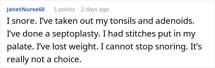 Screenshot of a Reddit comment discussing chronic snoring despite medical treatments and weight loss struggles.