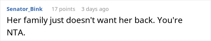 Text message screenshot showing a comment about a family not wanting someone back in a serious discussion.