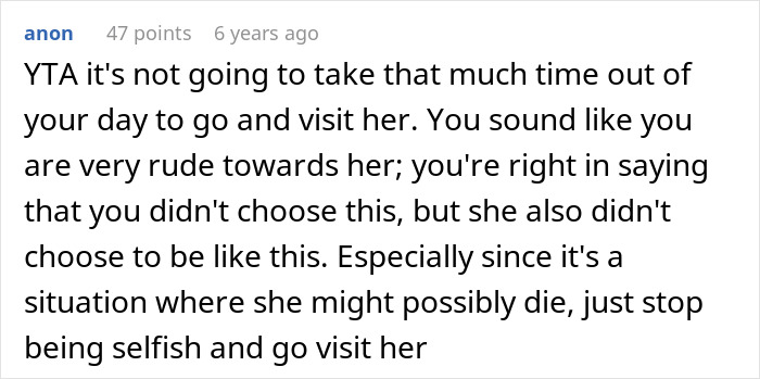 Screenshot of a comment discussing a sad teen refusing visit to special needs stepsister in the hospital.