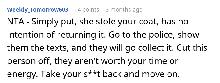 Screenshot of an online comment advising to take legal action after a woman refuses to return a coworker&rsquo;s expensive jacket.