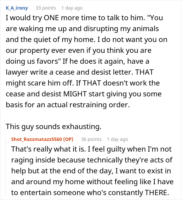 Reddit comments discussing a neighbor's disruptive visit and a woman&rsquo;s revenge with a car panic alarm at 6:30 AM.