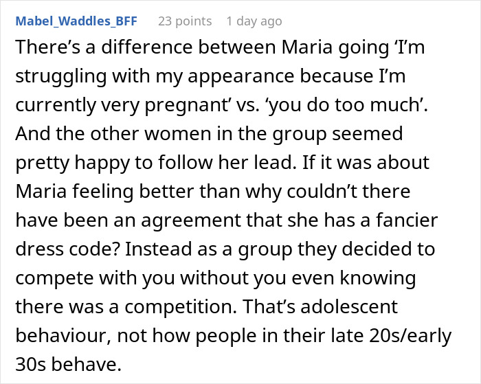 Screenshot of a social media comment discussing women at a Friendsgiving event and dress-code conflict. Screenshot of a social media comment discussing women at a Friendsgiving event and dress-code conflict.