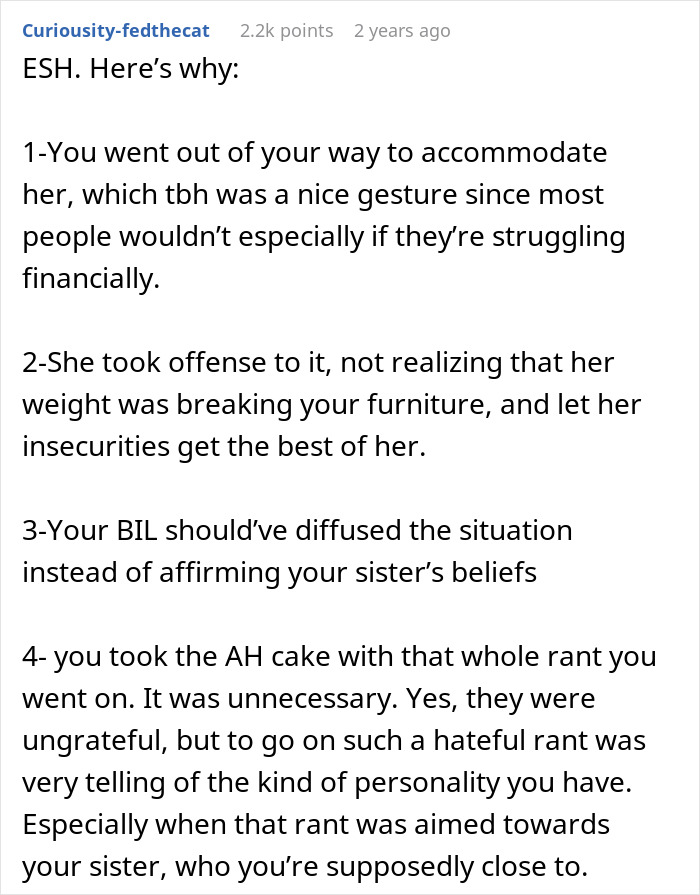 Comment explaining why an obese lady's reaction to a separate chair purchase stems from insecurities and family dynamics.