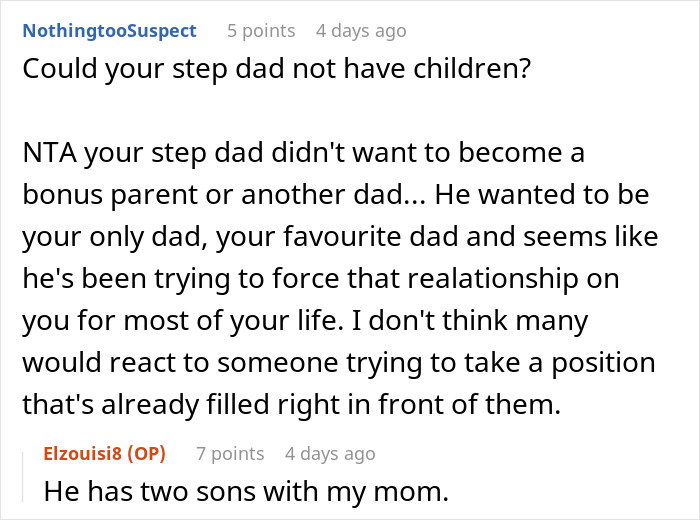 Online discussion about stepdad trying to replace kids&rsquo; bio dad, showing emotional struggle and family relationship challenges.