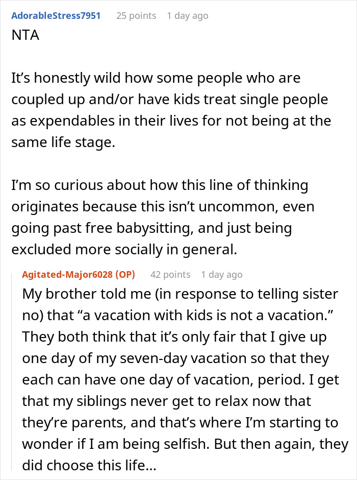 Screenshot of a Reddit conversation about a guy refusing babysitting on vacation and being called selfish.