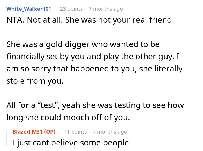 Comment discussing a guy failing a lady&rsquo;s unexpected loyalty test and their longtime friendship ending.