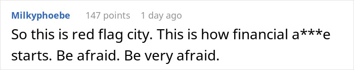 Reddit comment discussing financial red flags and fears related to a woman refusing to quit job after husband&rsquo;s promotion.
