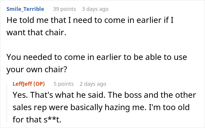 Text conversation about using a $1.8K office chair and workplace hazing leading to job loss. Text conversation about using a $1.8K office chair and workplace hazing leading to job loss.
