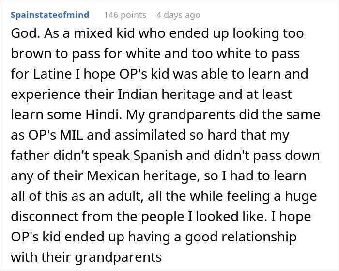 Comment discussing challenges of heritage identity and family relationships in the context of Indian grandmother demanding DNA test for baby.