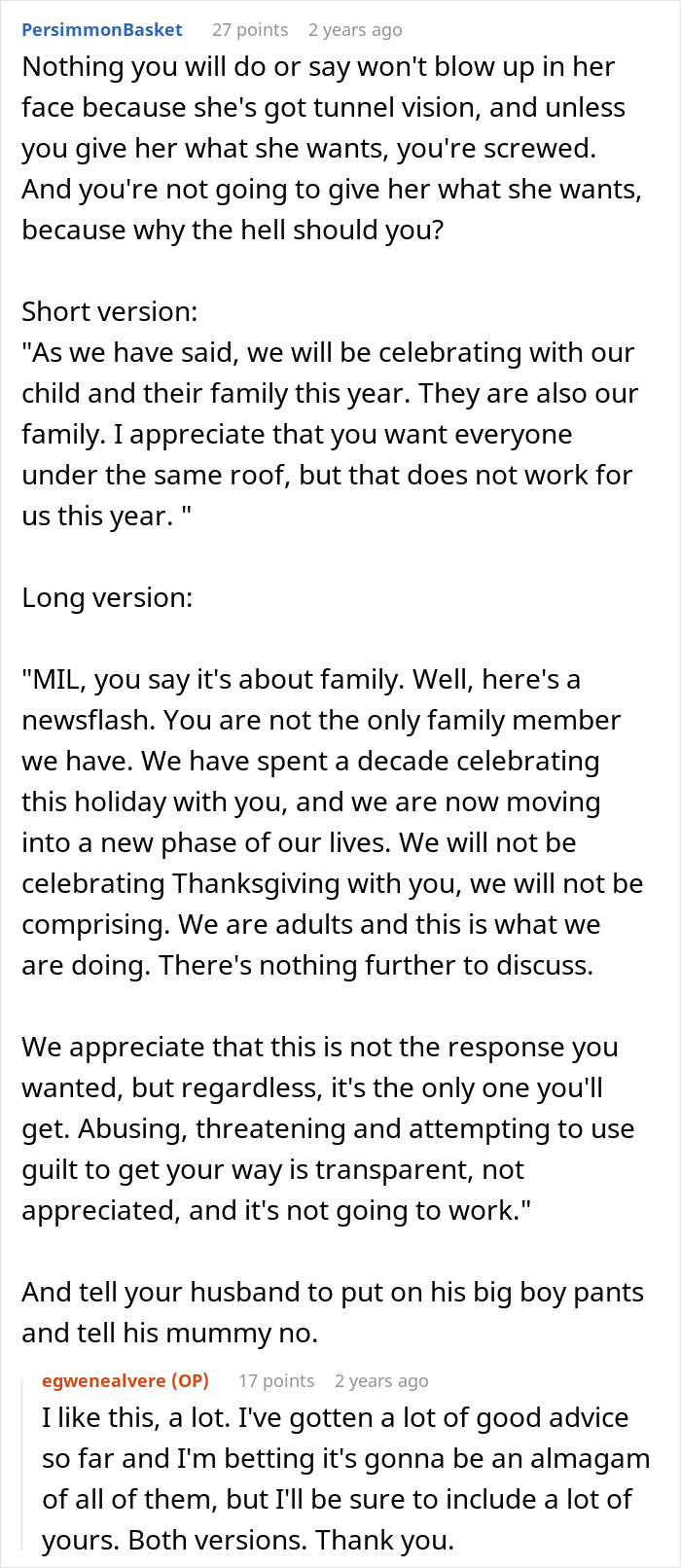 Text conversation about a woman wanting to celebrate Thanksgiving with her kid despite her mother-in-law&rsquo;s explosive reaction.