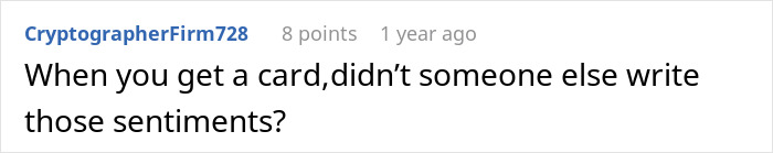 Comment text questioning if someone else wrote the groom’s vows after receiving a card with similar sentiments. Comment text questioning if someone else wrote the groom’s vows after receiving a card with similar sentiments.
