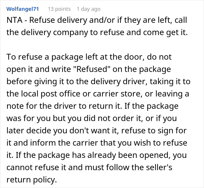 User comment advising how to refuse delivery and return packages sent to the wrong address at personal cost.
